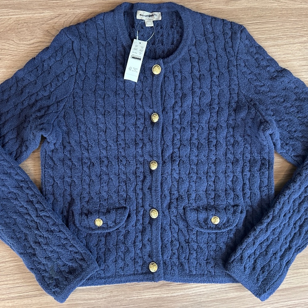 J.Crew Odette Cable Knit Sweater Lady Jacket In Mediterranean Navy, Size Small